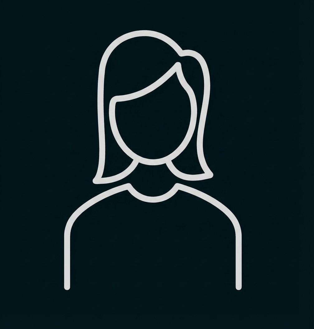 Schwarze Linienzeichnung einer schematischen weiblichen Silhouette mit schulterlangem Haar, ohne Gesicht.